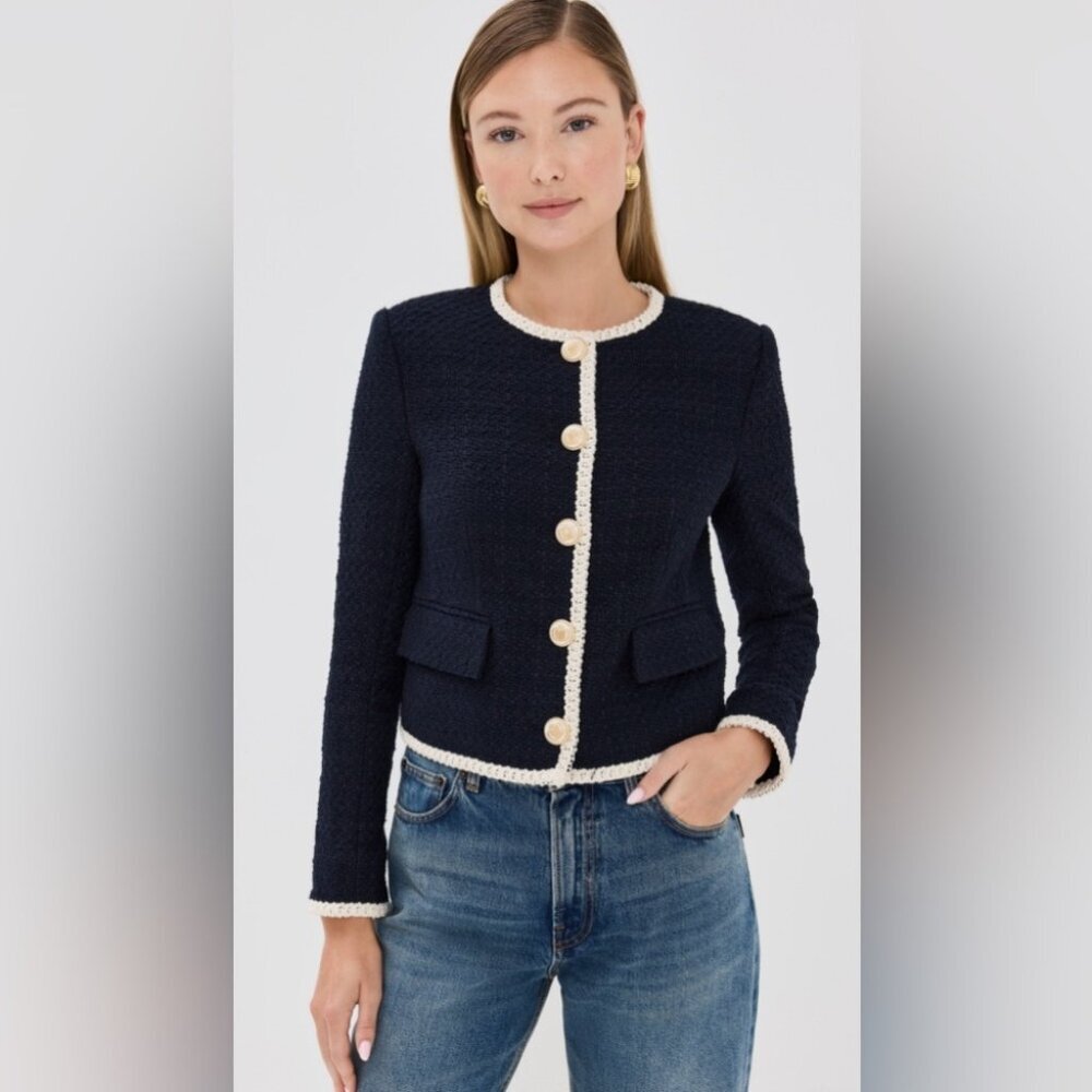 NEW Veronica Beard Mabel Collarless Tweed Jacket Blazer in Navy | size 2 - Picture 1 of 15